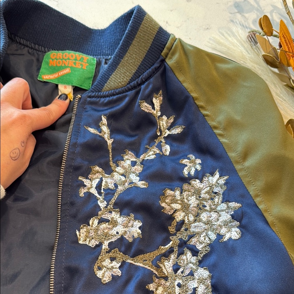 Monet Navy and Olive Floral Bomber Jacket - Picture 2 of 4